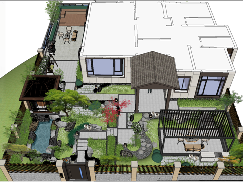 中式庭院花园_廊架_枯山水_禅意小品园林su模型