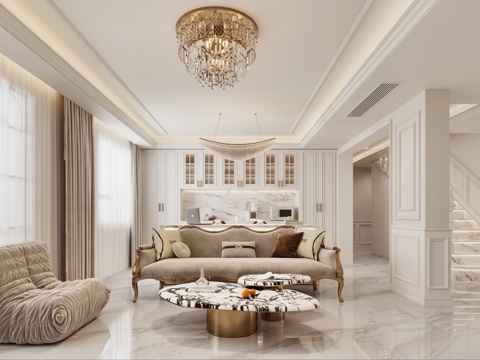  法式客厅 欧式客厅 法式沙发 法式酒柜 欧式水晶灯3d模型 