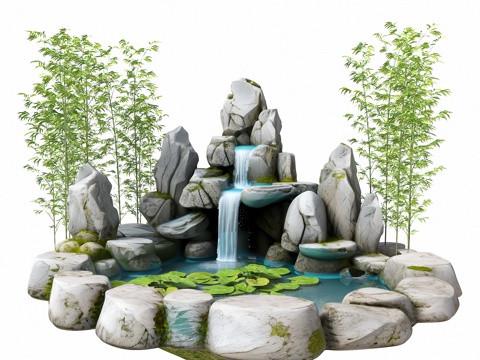  现代生态鱼池 水池 荷花池 观赏锦鲤池 假山叠水 假山水景3d模型 