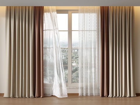 现代奶油风布艺窗帘 遮阳帘 纱帘 落地窗帘su模型su模型