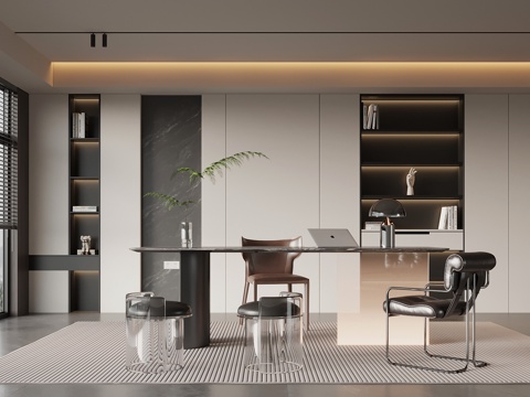  现代意式书房 书柜 书桌椅3d模型 