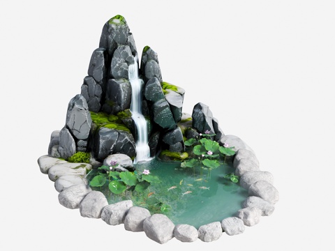 现代生态鱼池 水池 荷花池 观赏锦鲤池 假山叠水 假山水景su模型