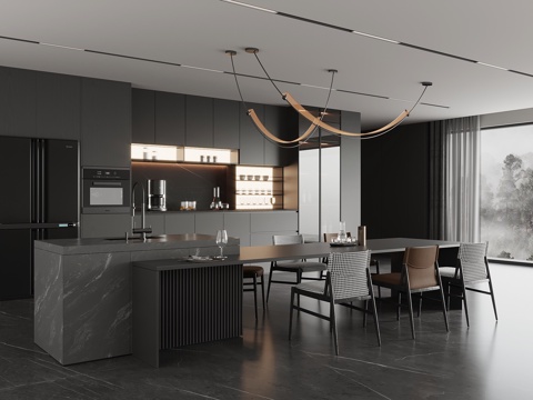 现代意式岛台 餐桌椅su模型