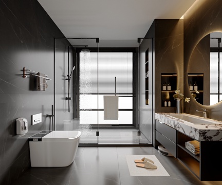  现代简约卫生间 卫浴柜 卫浴用品 花洒马桶 干湿分离卫生间3d模型 