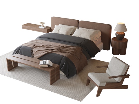 现代双人床 休闲椅 床尾凳su模型