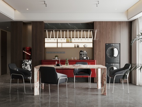  现代极简餐厅 条桌 意式简约餐厅3d模型 