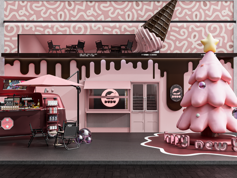 极简甜品面包店 圣诞节网红打卡店 蛋糕店甜品店 圣诞节春节装su模型