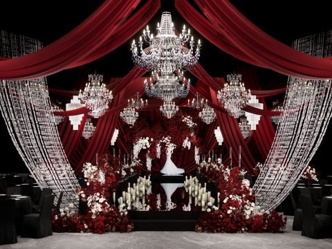 红色布幔秀场风婚礼美陈su模型
