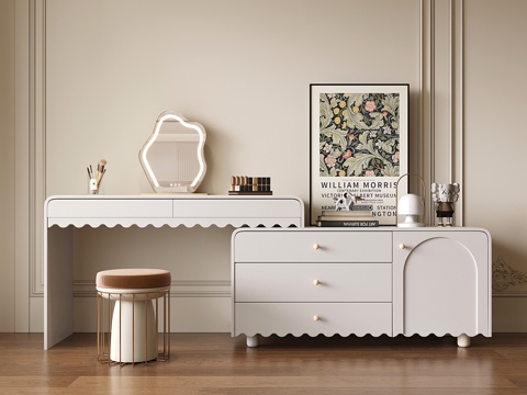 法式奶油风梳妆台 梳妆台斗柜一体 转角化妆台su模型