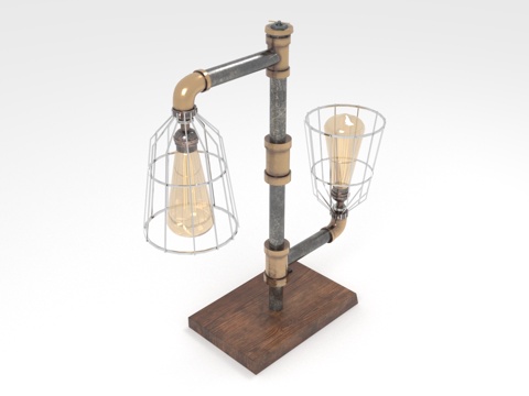  工业风台灯 管道灯 铁艺灯罩 复古灯泡 木质底座3d模型 