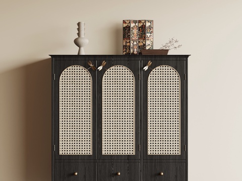 法式复古玄关柜 高柜 藤编柜su模型