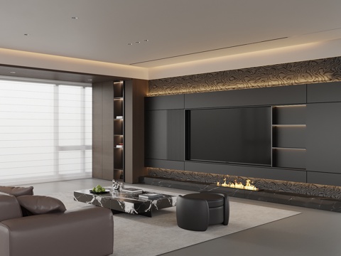 现代客厅 电视背景墙su模型