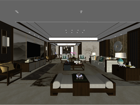 新中式客厅su模型