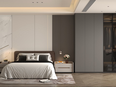  现代极简男孩卧室 意式卧室床具衣柜 卧室石材背景墙 意式灰色3d模型 