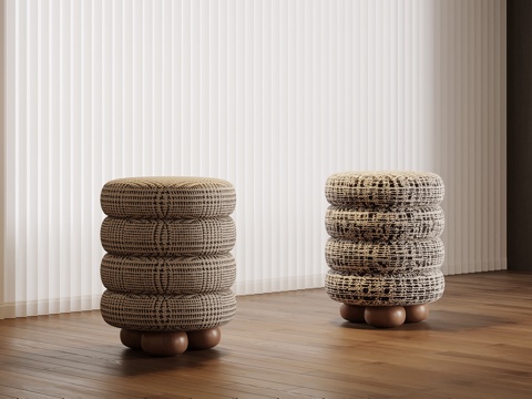 现代中古风布艺梳妆凳 换鞋凳 沙发凳su模型