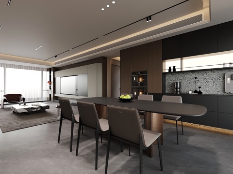  现代客餐厅 餐厅 客厅 酒柜 餐桌椅3d模型 