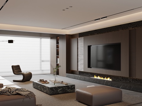 现代客厅 电视背景墙su模型