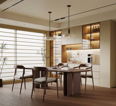 现代中古风餐厅 酒柜 餐桌椅su模型