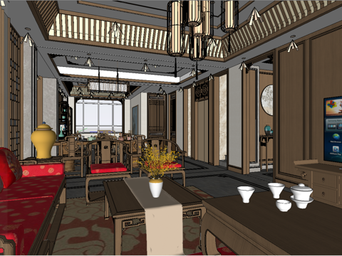 中式别墅挑高客厅su模型