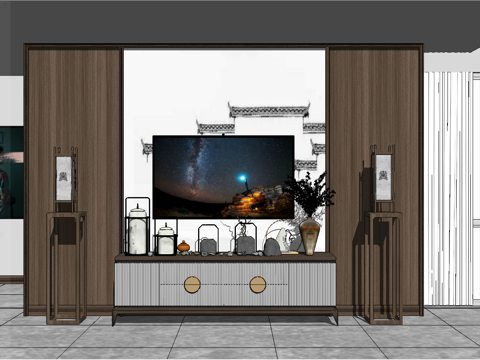  新中式电视背景su模型 