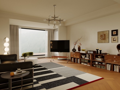 中古风客厅电视柜 支架电视 书柜su模型