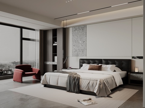 现代卧室 双人床su模型