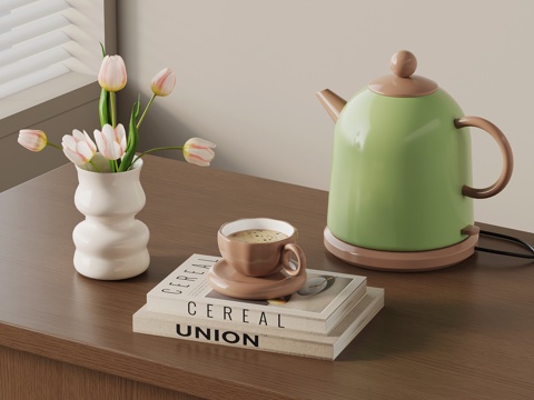 现代奶油风摆件 法式复古摆件 电水壶 咖啡杯 花瓶su模型