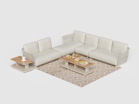 kun 现代庭院户外沙发 多人转角沙发 长茶几 洞石茶几su模型