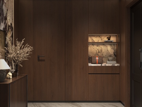 现代意式入户门厅 老钱风玄关鞋柜 现代别墅门厅端景 意式木纹su模型