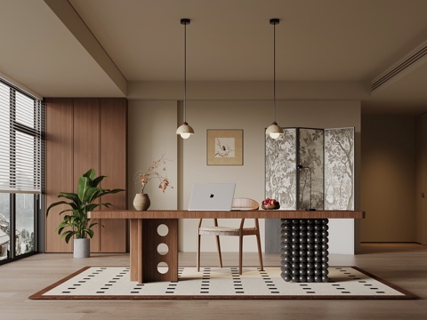 中古风书房 开放式书房 书桌椅 背景墙su模型