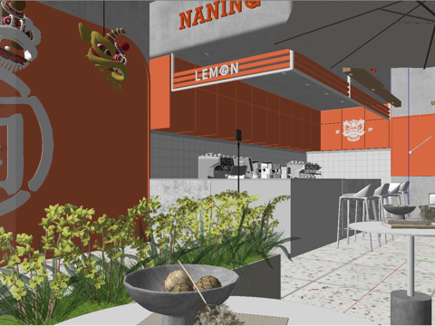 现代奶茶咖啡店 门头 吧台su模型