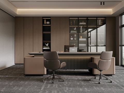 经理办公室 老板桌椅 书柜su模型