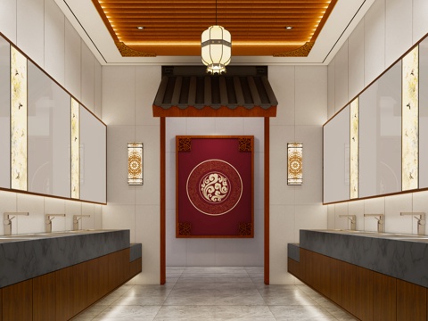 新中式复古酒店卫生间_酒店卫生间_景区卫生间_购物大厅卫生间su模型