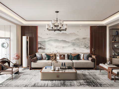  新中式客餐厅 开放厨房 干区 电视墙 沙发墙3d模型 