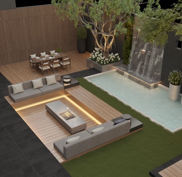  现代奶油风 庭院花园 户外柚木餐桌椅 休闲卡座 景墙叠水 水3d模型 