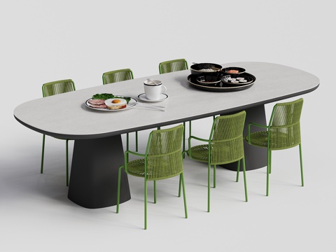 现代户外 庭院花园 餐桌椅 椭圆餐桌 餐椅 桌面饰品摆件su模型