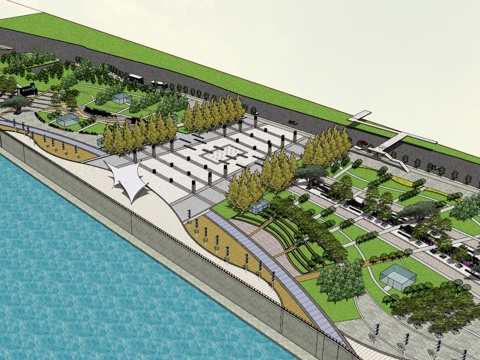 滨江广场模型 园林景观模型 广场方案设计 园林方案设计su模型