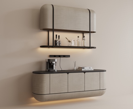 现代餐边柜 实木餐边柜 现代吊柜 咖啡机 酒瓶酒杯su模型