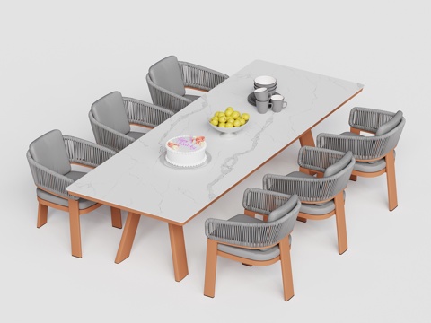 kun 现代 庭院户外餐桌椅 一桌六椅 岩板餐桌 餐椅su模型