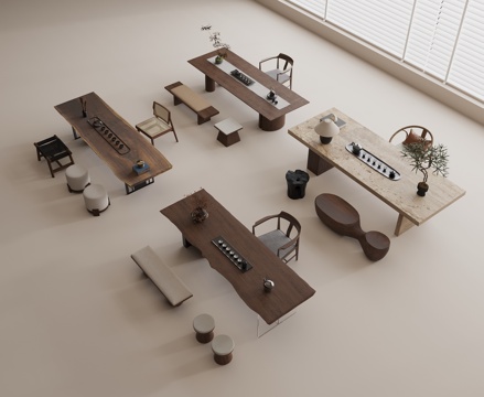 茶具组合 现代茶桌 实木茶桌 实木单椅 实木长椅 茶具su模型