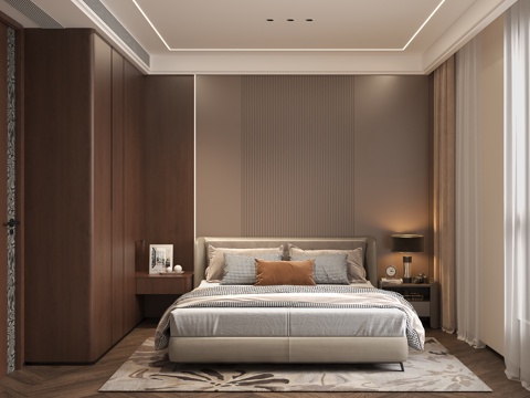  意式卧室床头柜 现代主卧卧室衣柜 意式地毯饰品摆件 现代皮革3d模型 