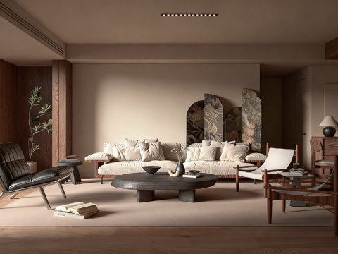  现代中古风客餐厅 中古风沙发背景墙 实木沙发茶几 实木餐桌椅3d模型 