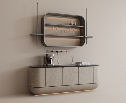 现代餐边柜 实木餐边柜 现代吊柜 咖啡机 酒瓶酒杯su模型