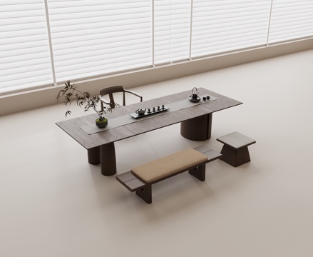 现代茶桌 实木茶桌 实木单椅 实木长椅 实木方凳 茶具 绿植su模型