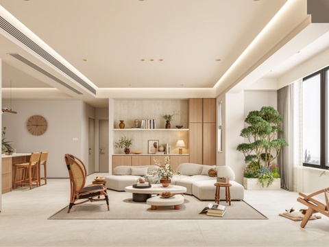  现代奶油风客餐厅3d模型 