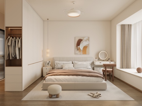  现代奶油风卧室 梳妆台3d模型 