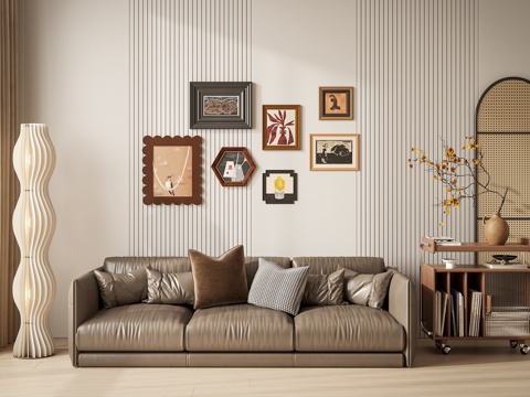 中古风皮革沙发抱枕 沙发组合    落地灯挂画 中式摆件su模型