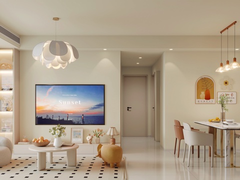  奶油风客餐厅3d模型 