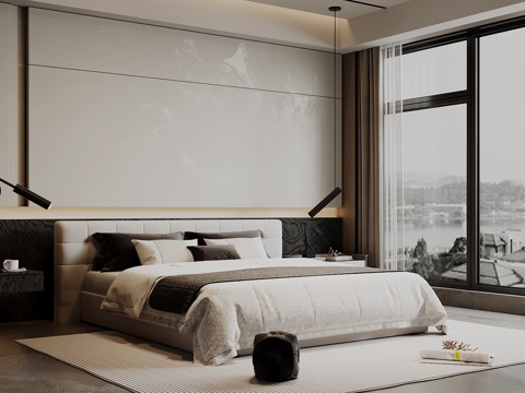 现代卧室 双人床su模型