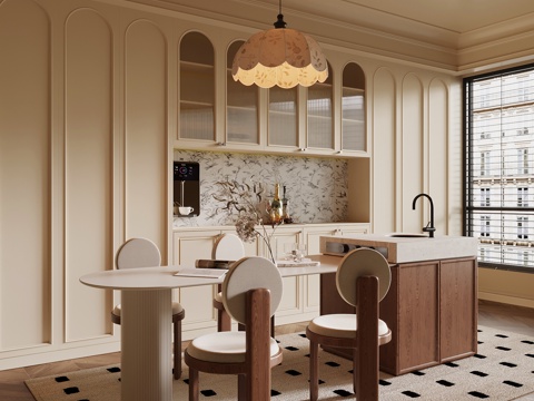 法式餐厅 酒柜 岛台 餐桌椅su模型